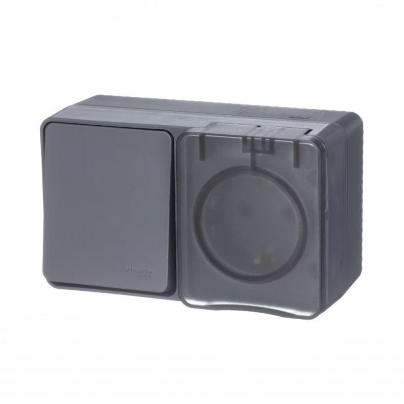 Блок ОП AtlasDesign PROFI IP54 (розетка 1-м 16А заземл. защ. шторки + 1-кл. выключатель 10А) антрацит SE ATN544070