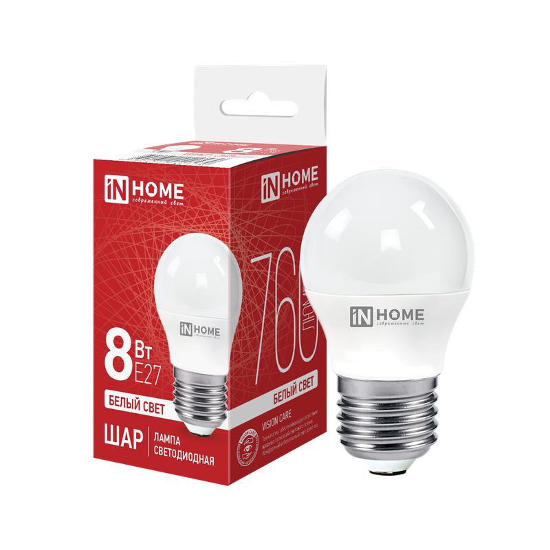 Лампа светодиодная LED-ШАР-VC 8Вт шар 4000К нейтр. бел. E27 760лм 230В IN HOME 4690612020570